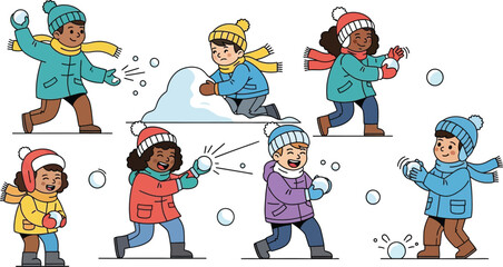 Children playing in the snow, throwing snowballs, isolated on white background