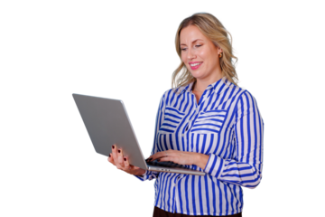 Businesswoman smiling, typing on a laptop, working productively. Transparent background allows for flexible design integration