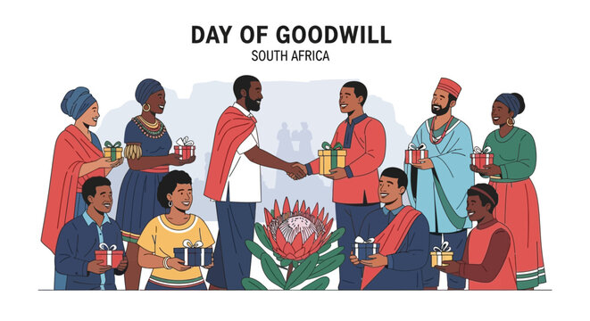 A diverse community in South Africa celebrating a cultural holiday with gift-giving and gestures of goodwill