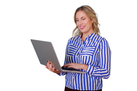 Businesswoman smiling, typing on a laptop, working productively. Transparent background allows for flexible design integration