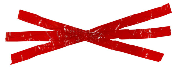 Torn crumpled cross wrinkled adhesive red tape on transparent background. x sign. 2 piece of cross plastic, glossy shine texture.