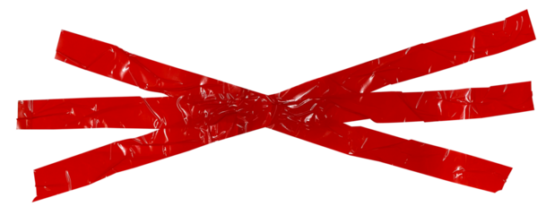 Torn crumpled cross wrinkled adhesive red tape on transparent background. x sign. 2 piece of cross plastic, glossy shine texture.