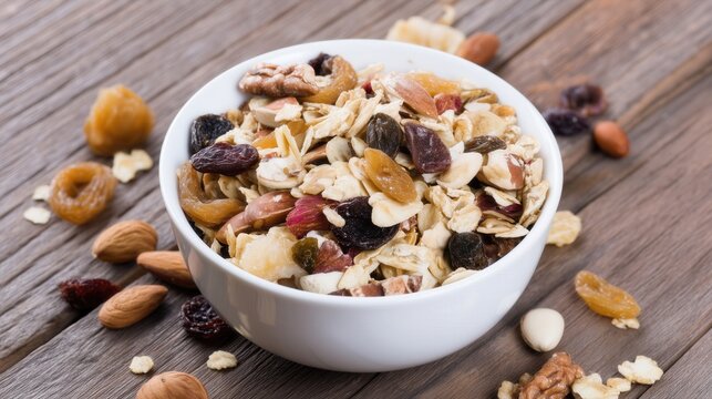 Healthy muesli bowl with nuts and dried fruits. Generative AI