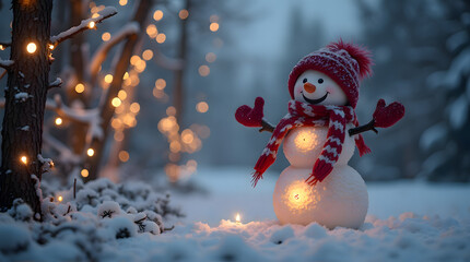 Glowing Snowman with Scarf and Hat in a Magical Winter Wonderland