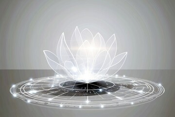 glowing white line lotus flower floating on abstract circular base with digital elements, modern minimalist design