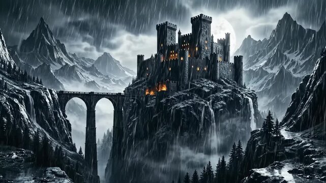 A dark fantasy castle on a mountain cliff during a stormy night. Epic gothic fortress with glowing windows in the pouring rain. Animated fantasy landscape illustration