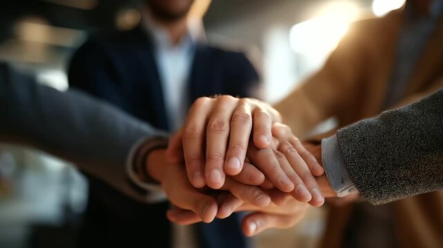 Men's hands stacked together in accountability group business casual attire visible faces not shown men's mental health support faith brotherhood early morning prayer meeting
