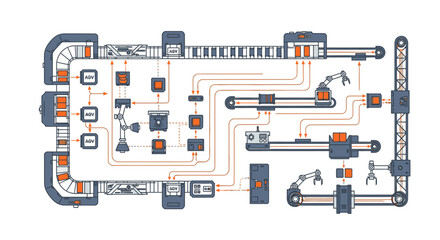 An overhead illustration showcases a factory floor plan, featuring robotic arms, conveyor belts, and interconnected machinery, representing industrial automation.