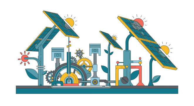 An illustrated representation of solar panels connected to mechanical components, symbolizing sustainable energy and innovation.