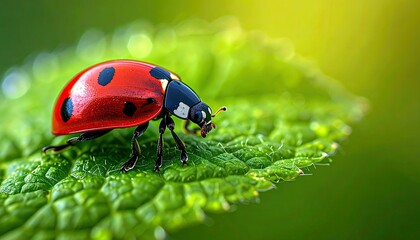 A detailed macro shot captures a red ladybug with black spots on a textured green leaf, highlighted by soft, blurred background lighting.