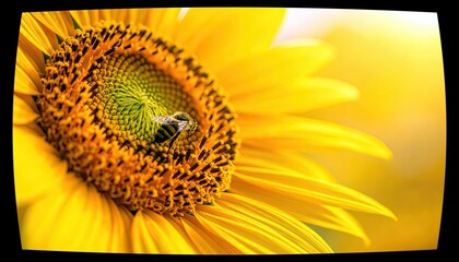 A bee is shown foraging for pollen on the center of a vibrant yellow sunflower, with soft, blurred yellow background.