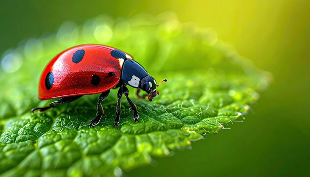 A detailed macro shot captures a red ladybug with black spots on a textured green leaf, highlighted by soft, blurred background lighting. - Powered by Adobe