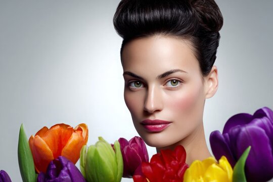 Beautiful woman with elegant dark updo hairstyle gazes at camera, fresh colorful tulips frame face, text space
