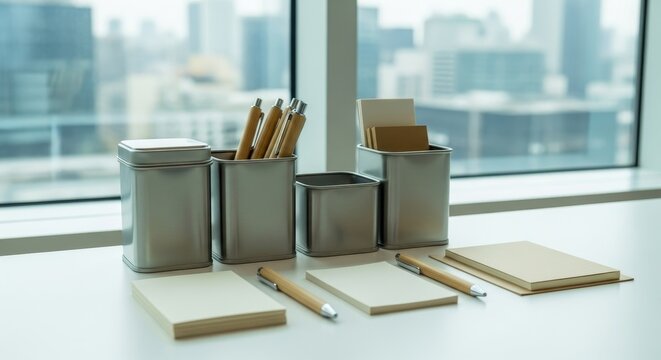 Modern minimalist office desk organization set with silver metal containers pens notebooks and sticky notes by window overlooking urban cityscape