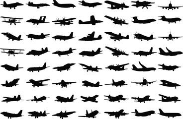 Vector collection of airplane silhouettes including military fighter jets, commercial passenger planes, vintage biplanes, and private aircraft for aviation design elements and travel logos.