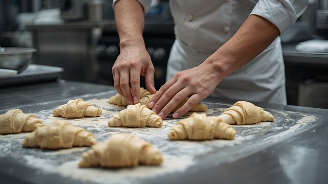 A baker carefully arranging croissants on a floured surface, the image evokes warmth and the anticipation of freshly baked goods