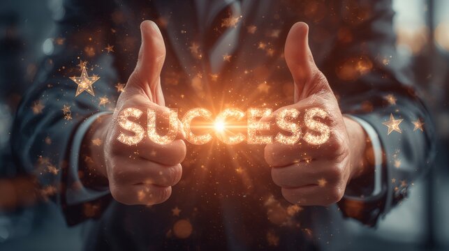 a thumbs-up gesture with the word success glowing between the thumbs, symbolizing achievement and positivity. The image conveys the concepts of triumph, optimism, and hitting goals