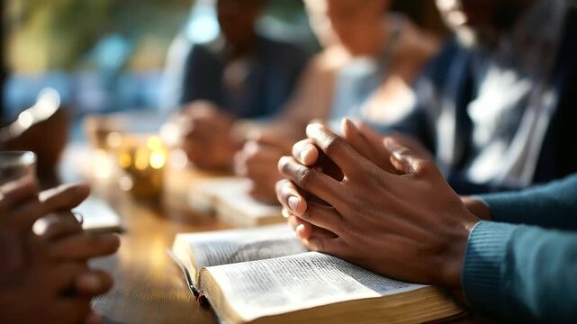 Multiple hands pointing at scripture passage on table group discussion moment faces obscured interactive Bible study mental wellness through faith prayer and learning