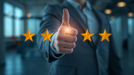 a businessman giving a thumbs up with four golden stars, representing a positive customer review or feedback