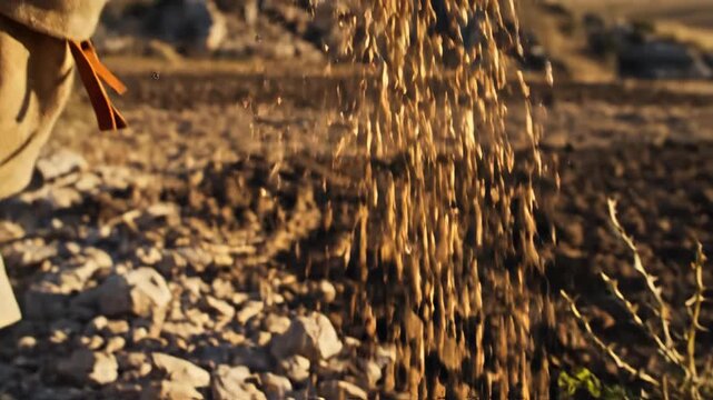 A farmer's hands sow wheat seeds onto the tilled soil. Biblical reenactment of the Parable of the Sower. Faith and new beginnings concept