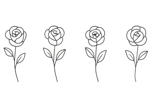 Four simple hand drawn rose flower outlines with stems and leaves arranged in a row