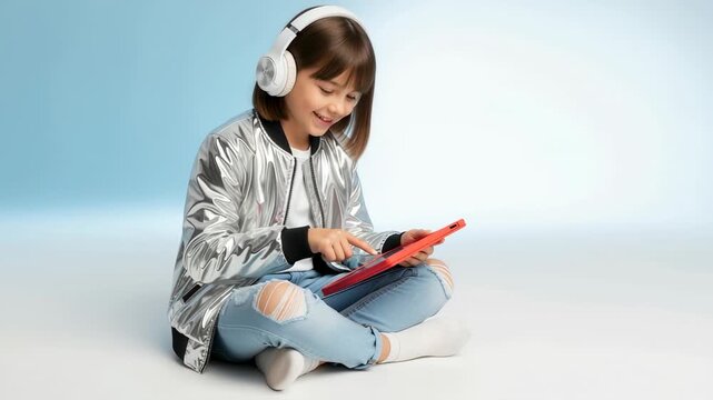A smiling young girl with headphones uses a tablet computer. Happy child sitting on the floor learning or playing online. E-learning and modern childhood concept with copy space
