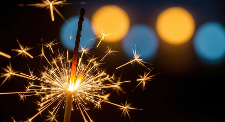 Sparkling firework sparkler igniting in darkness with blurred orange and blue bokeh lights creating festive new year ambiance