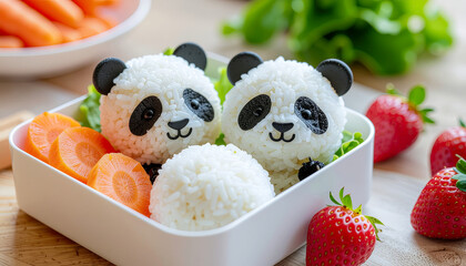 Two panda-shaped rice balls in a bento box with carrots and strawberries, next to greens.