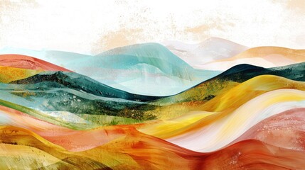 A colorful abstract landscape with organic shapes resembling natural forms, using soft brush strokes and fluid designs.