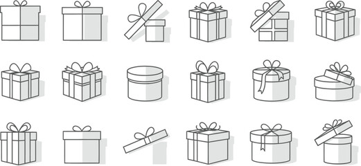 Set of gift boxes isolated on white background, vector line art design
