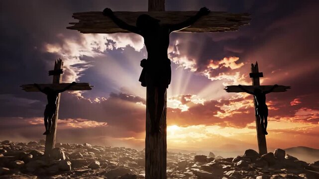 The crucifixion of Jesus Christ on the cross at Golgotha. Three crosses silhouetted against a dramatic sky with rays of light. A religious symbol of sacrifice and redemption for Easter