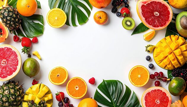 A colorful and refreshing arrangement of various fresh fruits and berries, including oranges, grapefruits, mangoes, pineapples, kiwis, strawberries, and blueber