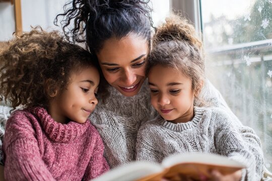 African American mother and two daughters gather closely, happily reading story book together.