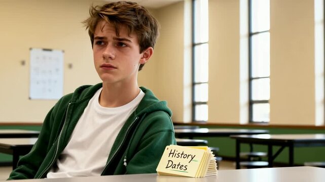 Stressed teenage student studying alone in a classroom. A sad boy feels overwhelmed by academic pressure before an exam. Education and mental health concept