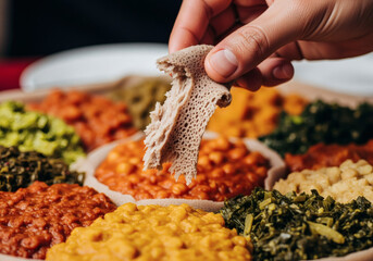 Authentic Kocho flatbread hand serving rustic Ethiopian communal meal