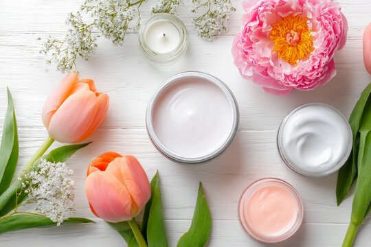 White and pink beauty creams, peach tulips, pink peony, and candle placed on white wood table.