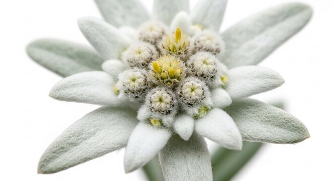 Edelweiss Blossom Macro: Delicate Petals and Golden Centers on White Background