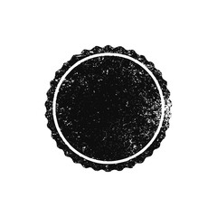 Distressed black circular grunge stamp with scalloped edge and white outline isolated