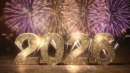 Golden sparkling 3D numbers forming 2026 rest on a dark surface with vibrant fireworks exploding in the night sky behind them