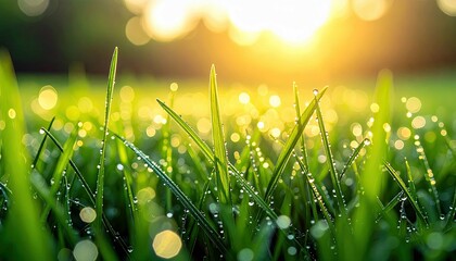 Dew drops on green grass blades catching the morning sun, creating a bokeh effect.