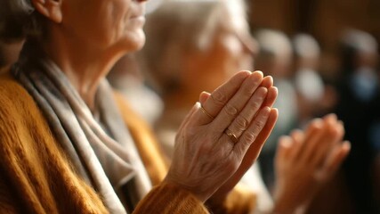 Senior women's hands holding hands in prayer circle wedding rings visible faces not shown elderly mental support widows' ministry mature faith community retirement home chape