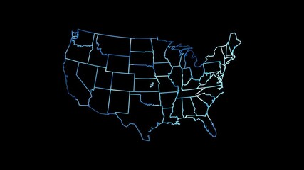 United States of America neon glowing map animation on black background, Animated usa contiguous lower u.s. state neon map - Powered by Adobe