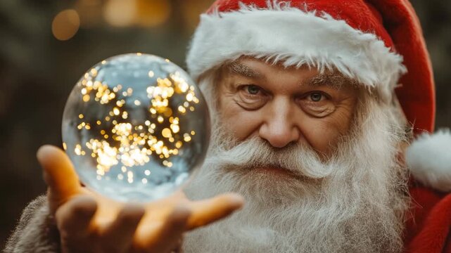 Santa claus showing crystal ball with christmas lights reflecting inside it