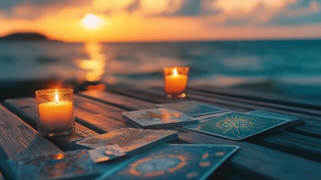 Tarot cards and candles burning on wooden table at sunset by the sea