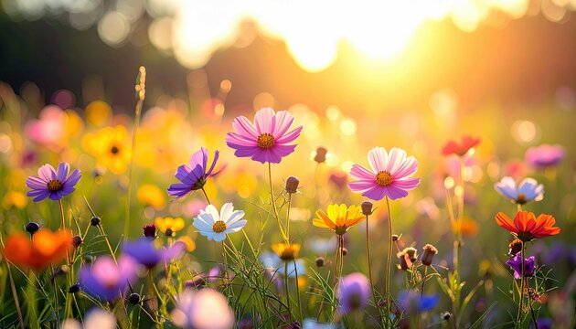 A close-up view of a sun-drenched meadow filled with a variety of colorful wildflowers in full bloom. - Powered by Adobe