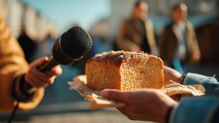 Interviewer Engages with a loaf of Freshly Baked Bread at a Vibrant Market, Warm Sunlight Enhances the Scene