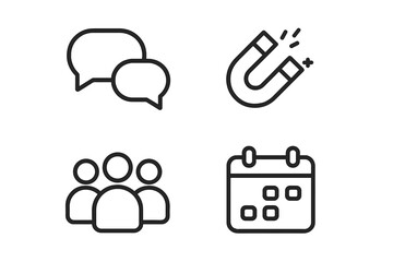 Business communication symbols showing chat, magnetic attraction, team, and calendar scheduling