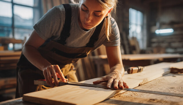 Skilled woman carpenter measures wood with care, crafting bespoke furniture in her workshop, showcasing dedication to traditional woodworking techniques