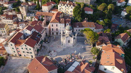 Drone Aerial View of Belavista Square in Herceg Novi, Montenegro