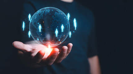 Global network connection with glowing figures around the world, showcasing business expansion and international collaboration, technology empowering connections